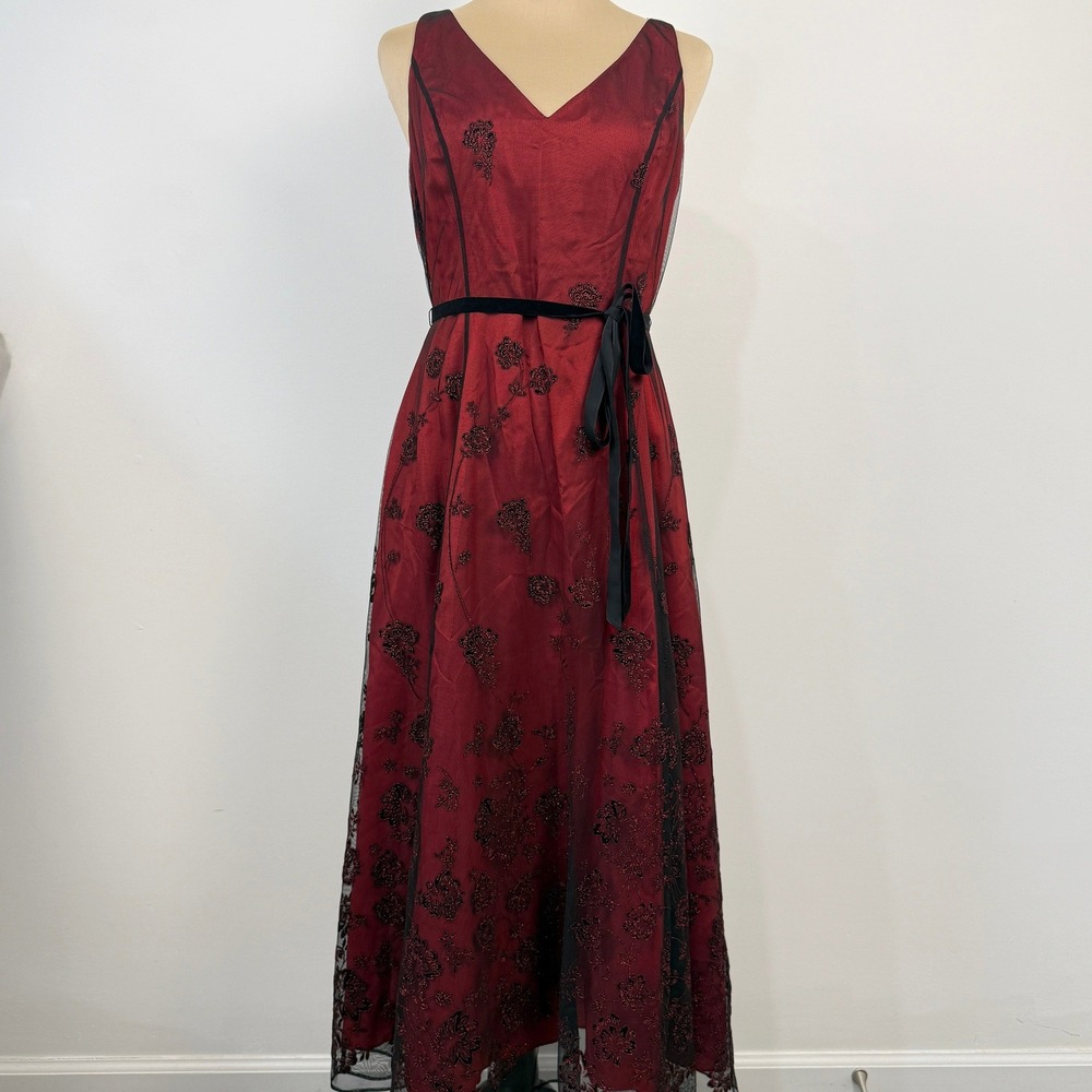 Vintage‎ Papell Boutique Evening Dress Womens 10P Red Black Floral Goth Coquette